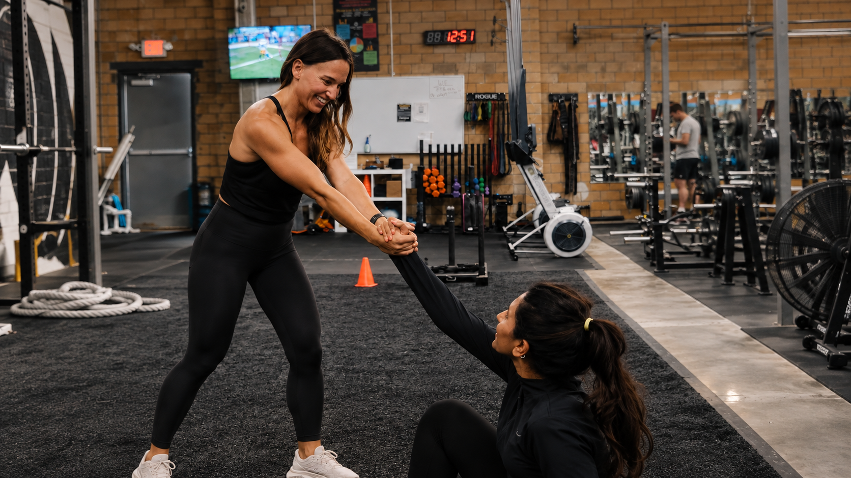 Hannah Wilson coaching a client through a partner exercise in the gym