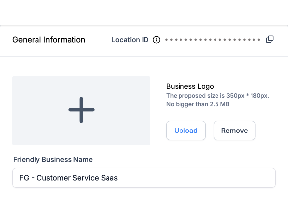 The Business Profile settings panel, with the Location ID at the top of the General Information block beside a copy button.