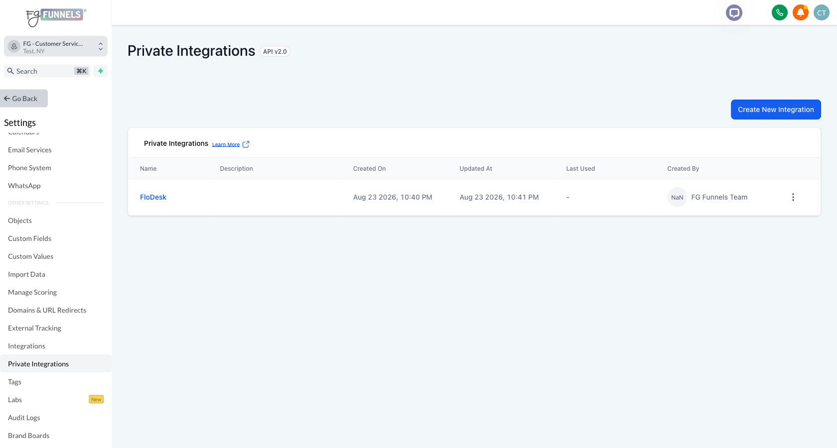 The Private Integrations settings page, showing the Create New Integration button above a table of existing integrations.