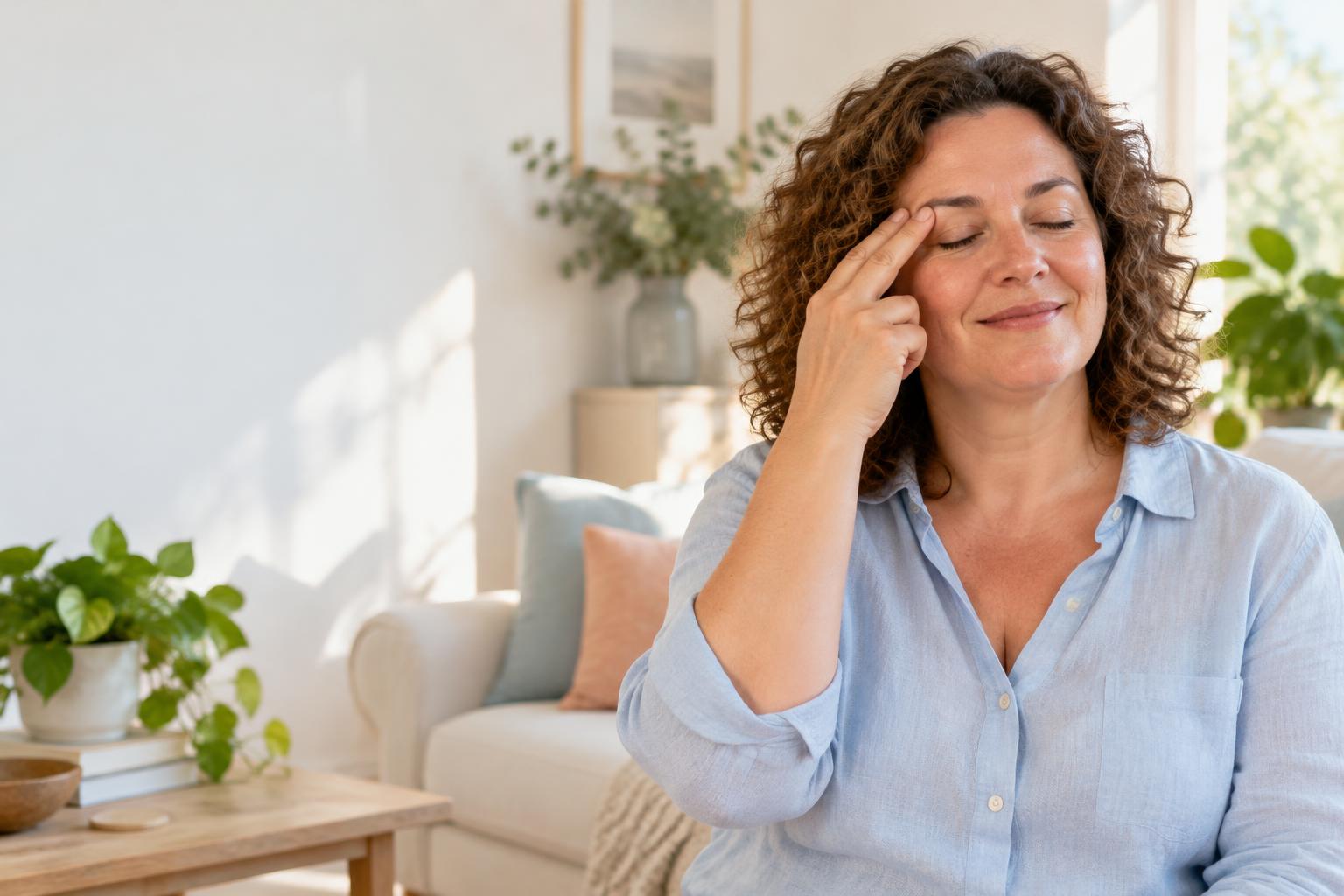 A woman gently practicing tapping beside her eyebrow