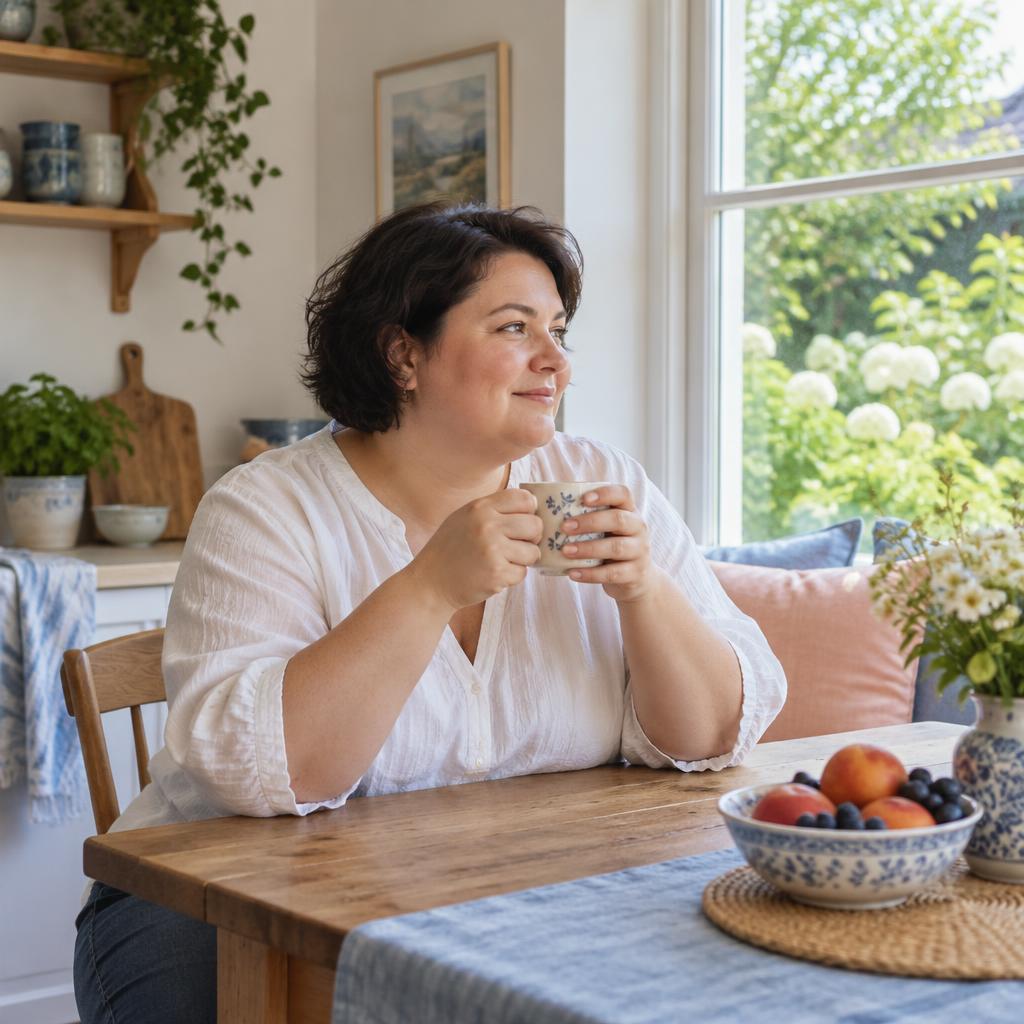 A woman taking a quiet moment with a cup of tea