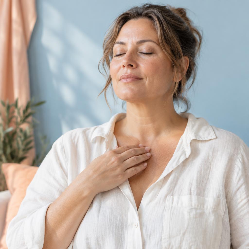 A woman taking a gentle pause while tapping below her collarbone