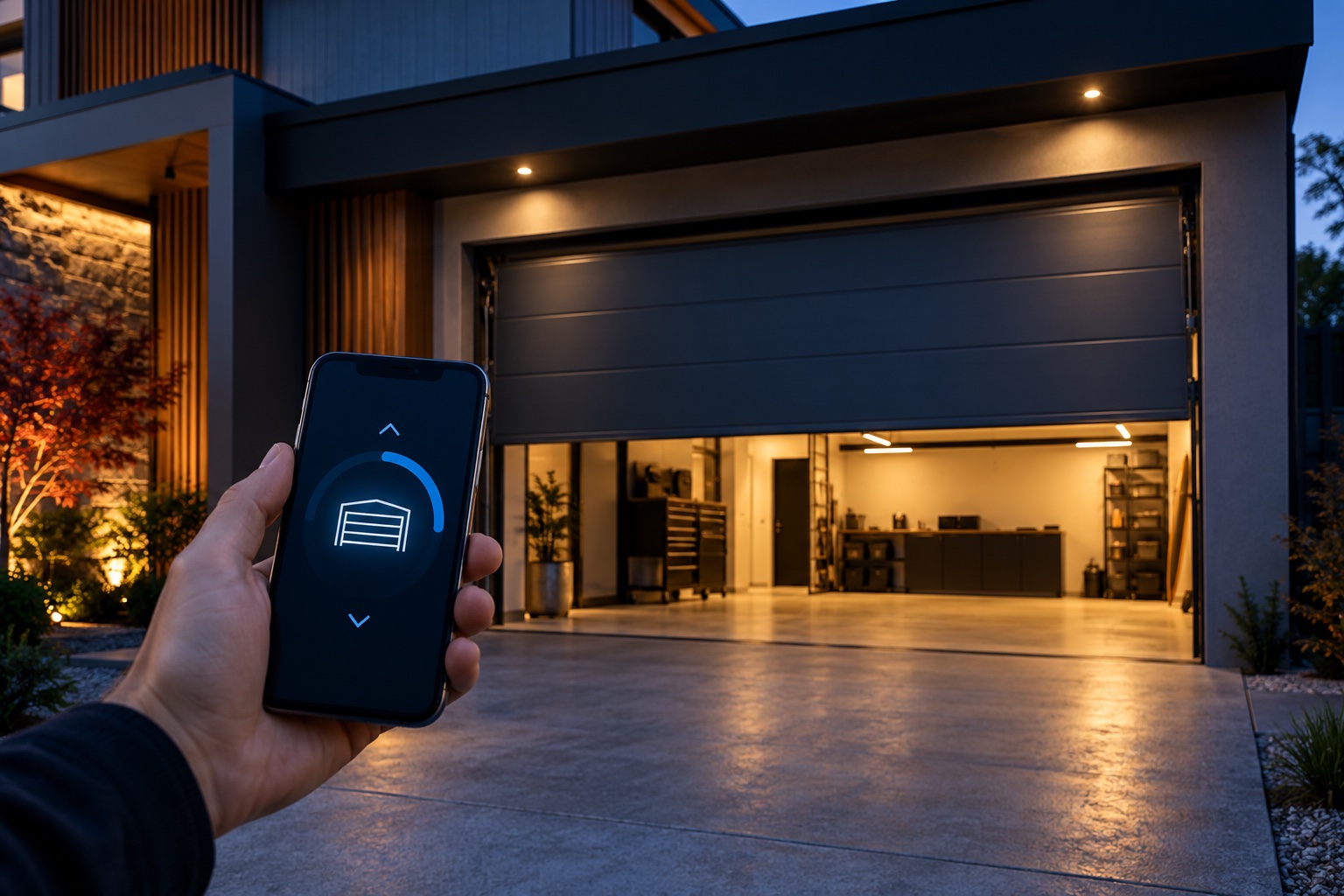 Illustration of smartphone control for a residential garage door