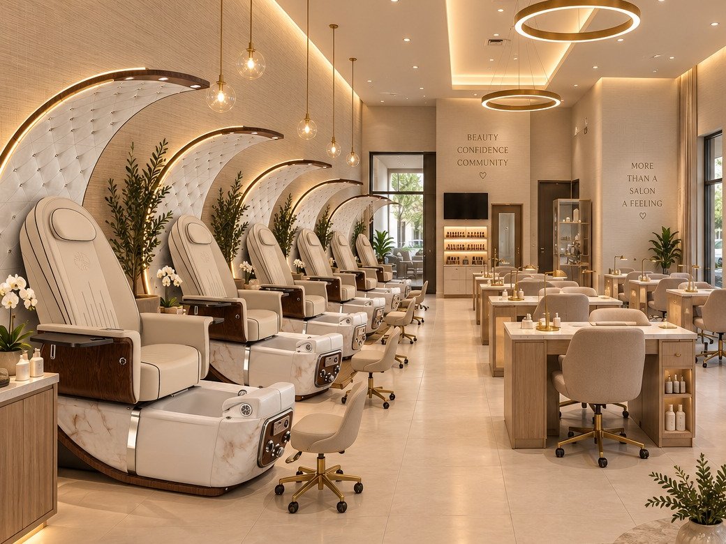 Interior of a modern nail salon with pedicure chairs and manicure stations