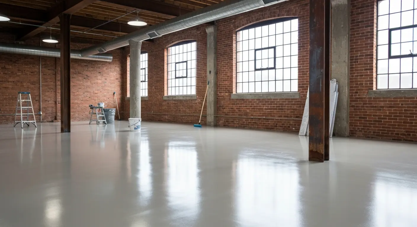 Concrete garage floor epoxy overlay
