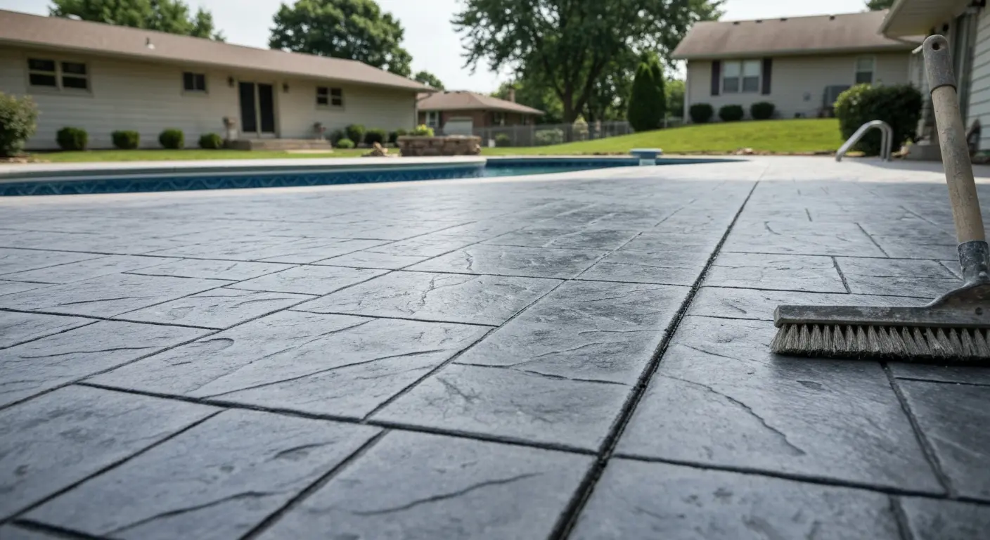 Pool deck stamped concrete installation