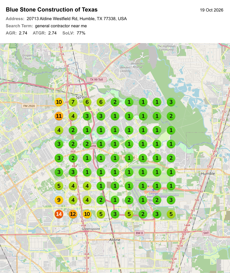 After — Google Maps ranking grid for general contractor near me, General Contractor / Remodeler in Greater Houston, Texas