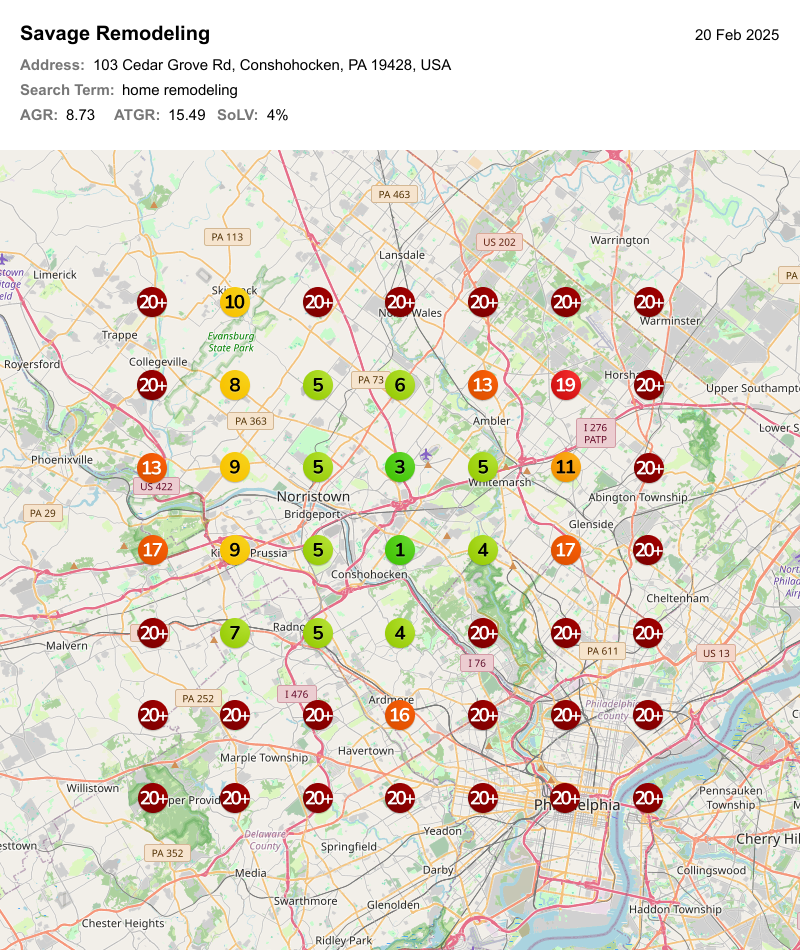 Before — Google Maps ranking grid for home remodeling, Residential Remodeler in Greater Philadelphia, Pennsylvania