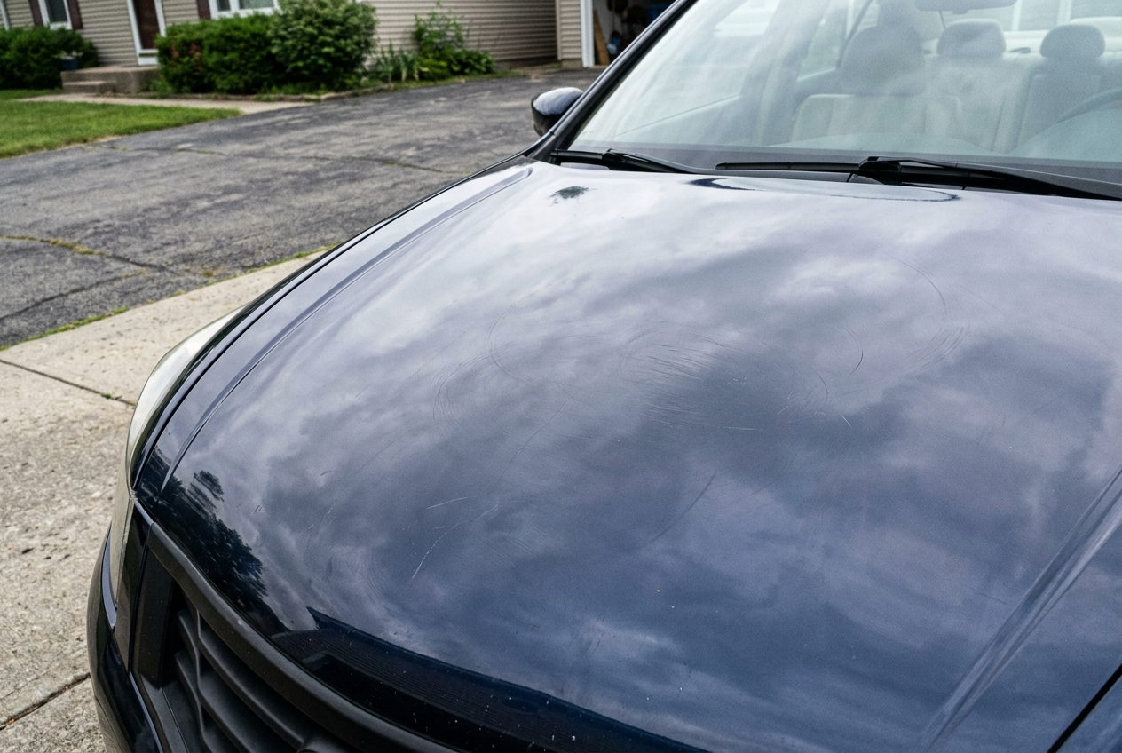 Hood panel before paint correction, swirl marks visible under direct light
