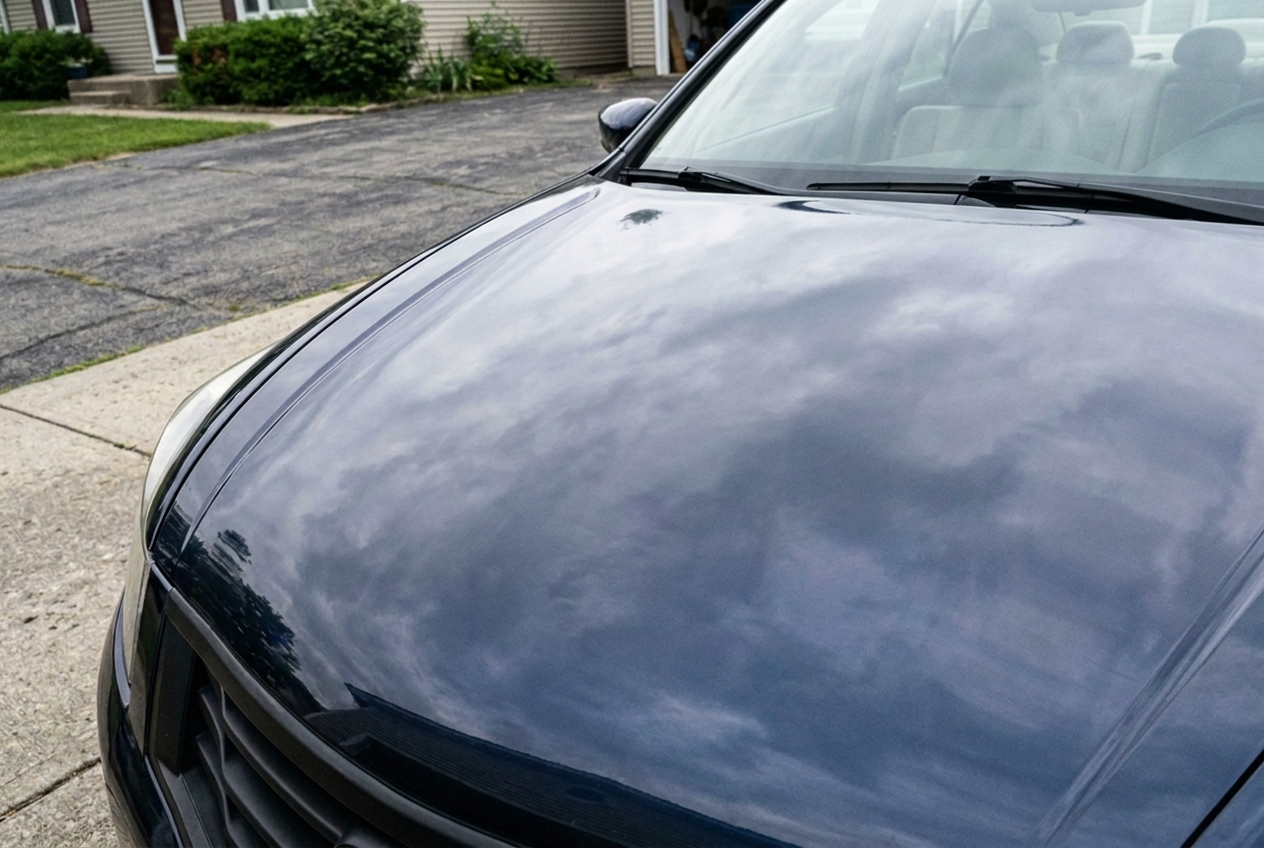 Hood panel after paint correction, clear swirl-free reflection