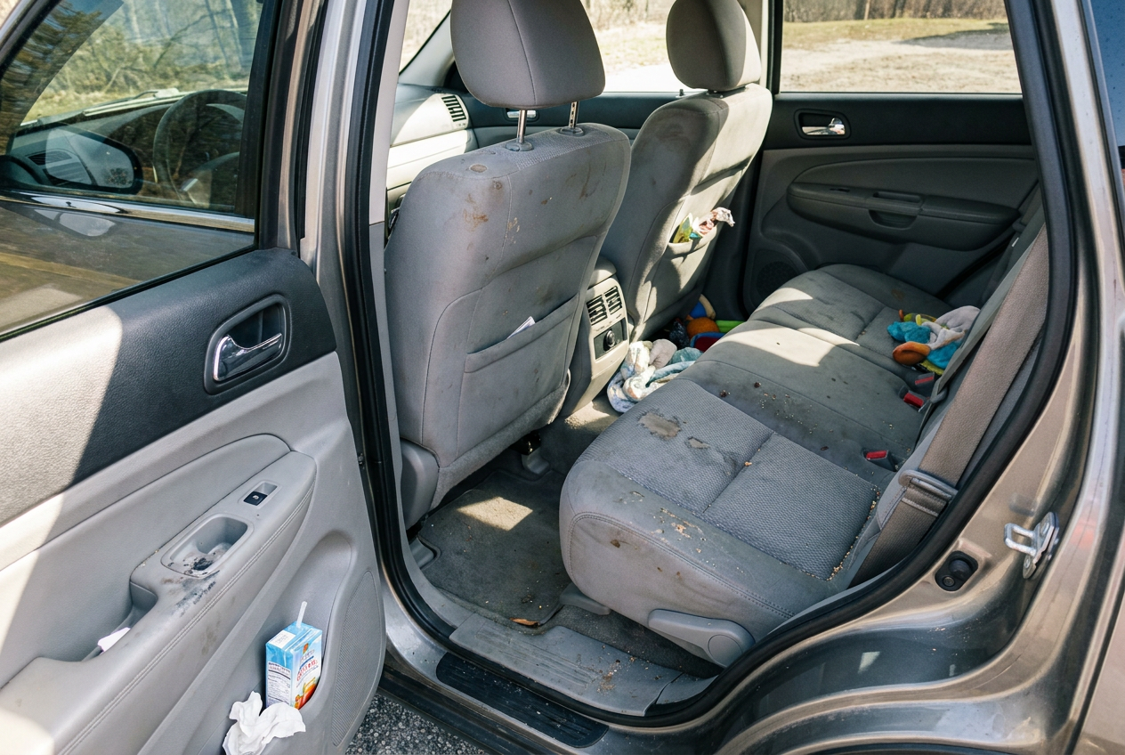 Vehicle seats before interior detailing, visible wear and staining