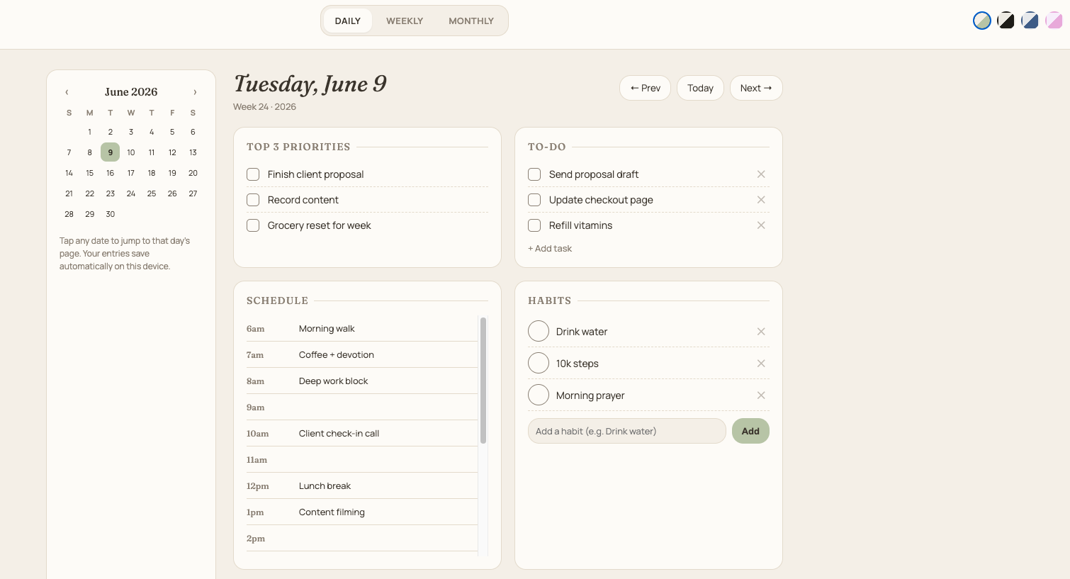 The daily planner shown on screen