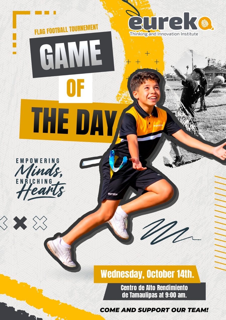Cartel Game of the Day del torneo de flag football de Eureka: alumno con uniforme del instituto saltando con la mano extendida