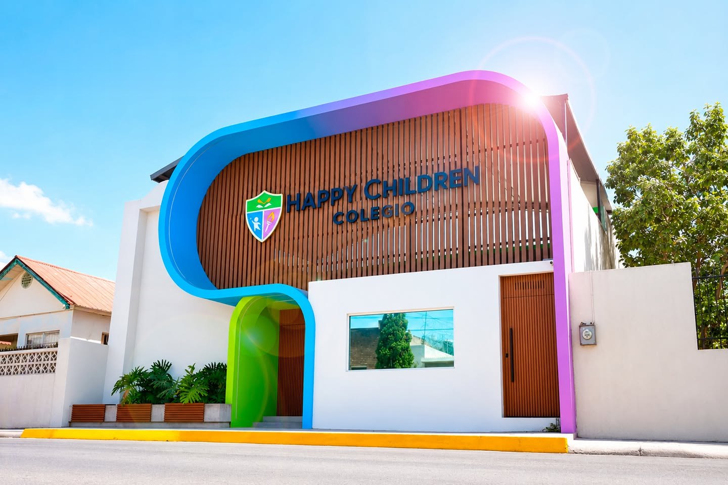Fachada de Colegio Happy Children: arco en azul, morado y verde con celosía de madera