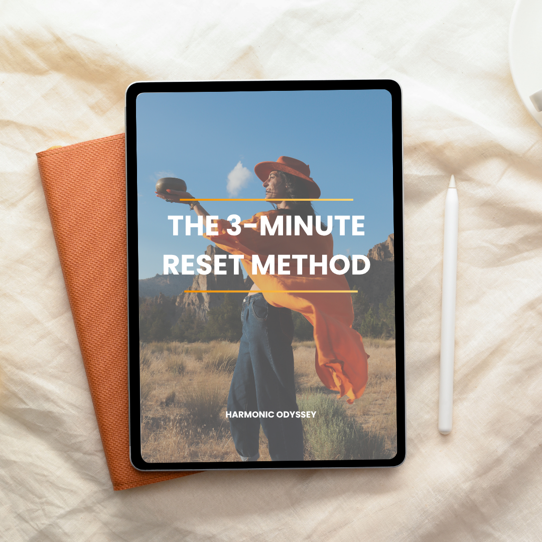 Tablet displaying The 3-Minute Reset Method guide, woman outdoors, Harmonic Odyssey branding visible