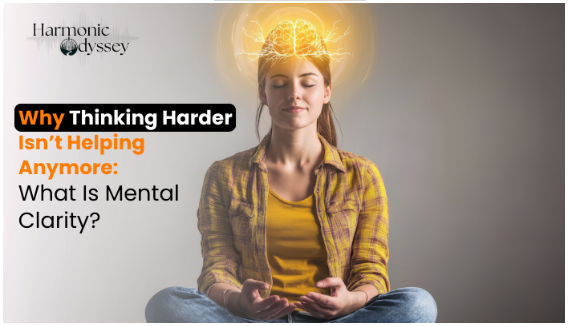 Woman meditating cross-legged with glowing brain illustration above head, representing mental clarity, focus, mindfulness, and thinking.