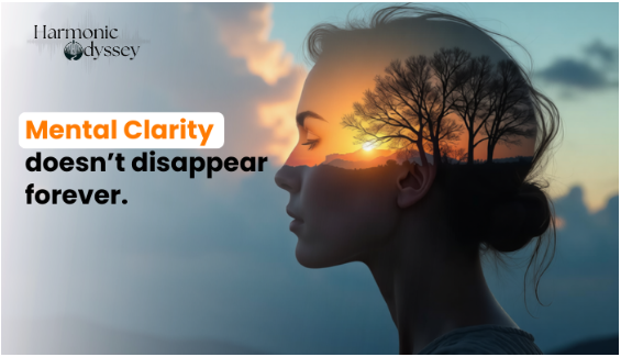 Side profile of woman with sunset and tree overlay inside her head, symbolizing returning mental clarity.