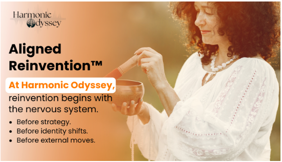 A Woman gently playing a singing bowl, representing nervous system regulation, mindfulness, and aligned personal reinvention.