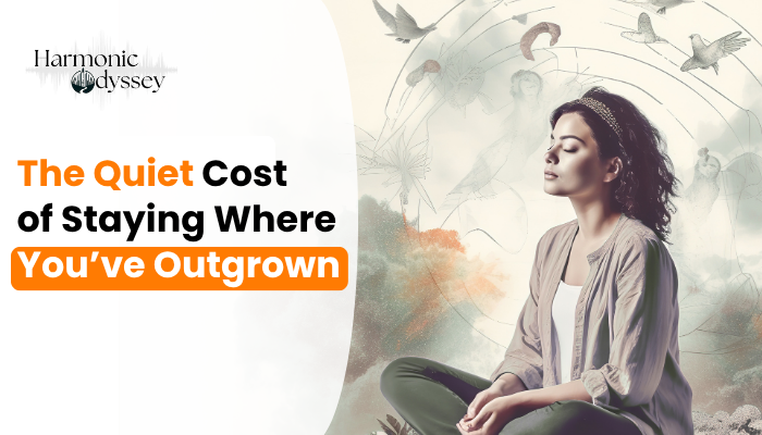 Woman sitting peacefully with eyes closed, reflecting on growth and the quiet cost of staying unchanged