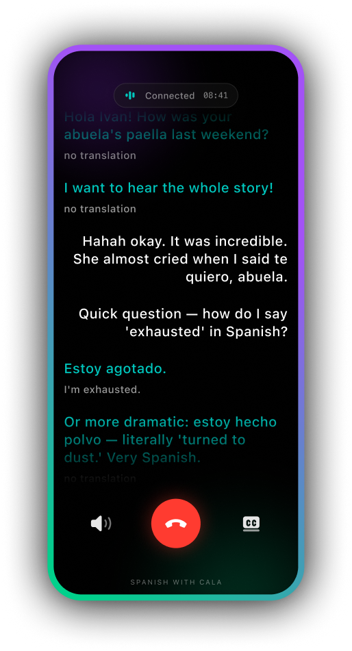 Cala active call with live Spanish captions