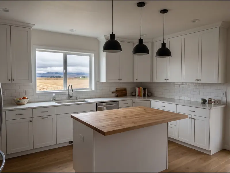 Remodeled kitchen with white shaker cabinets and a butcher-block island