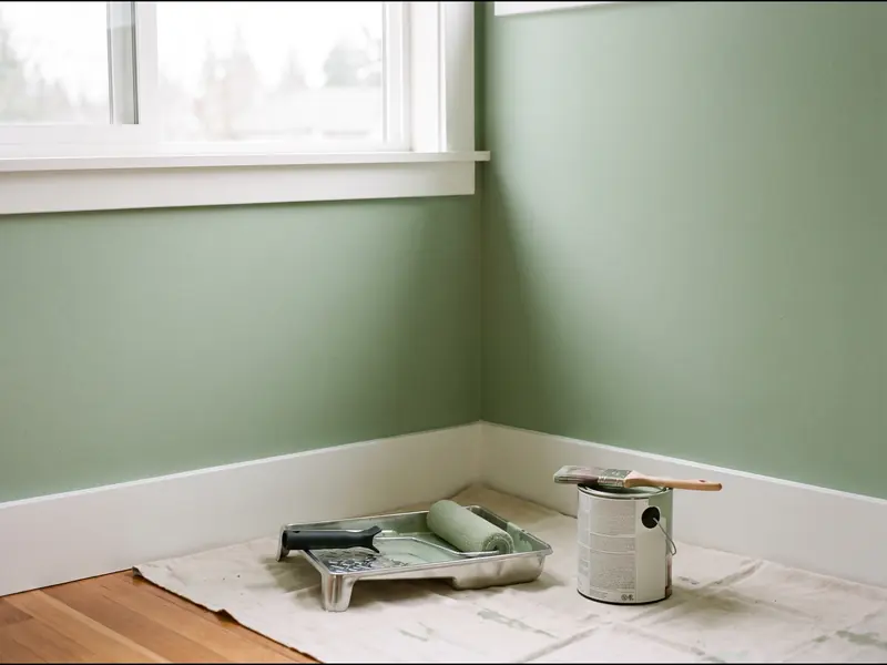 Freshly painted sage green wall with crisp white trim and painting supplies on a drop cloth