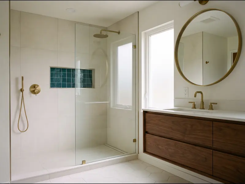 Remodeled bathroom with a tiled walk-in glass shower and a floating wood vanity