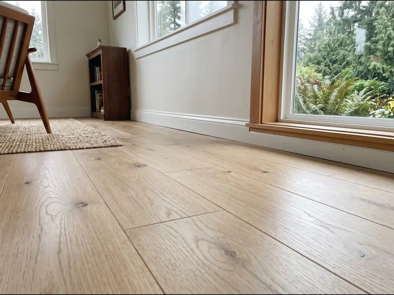 Newly installed wide-plank oak hardwood floor in a bright living room