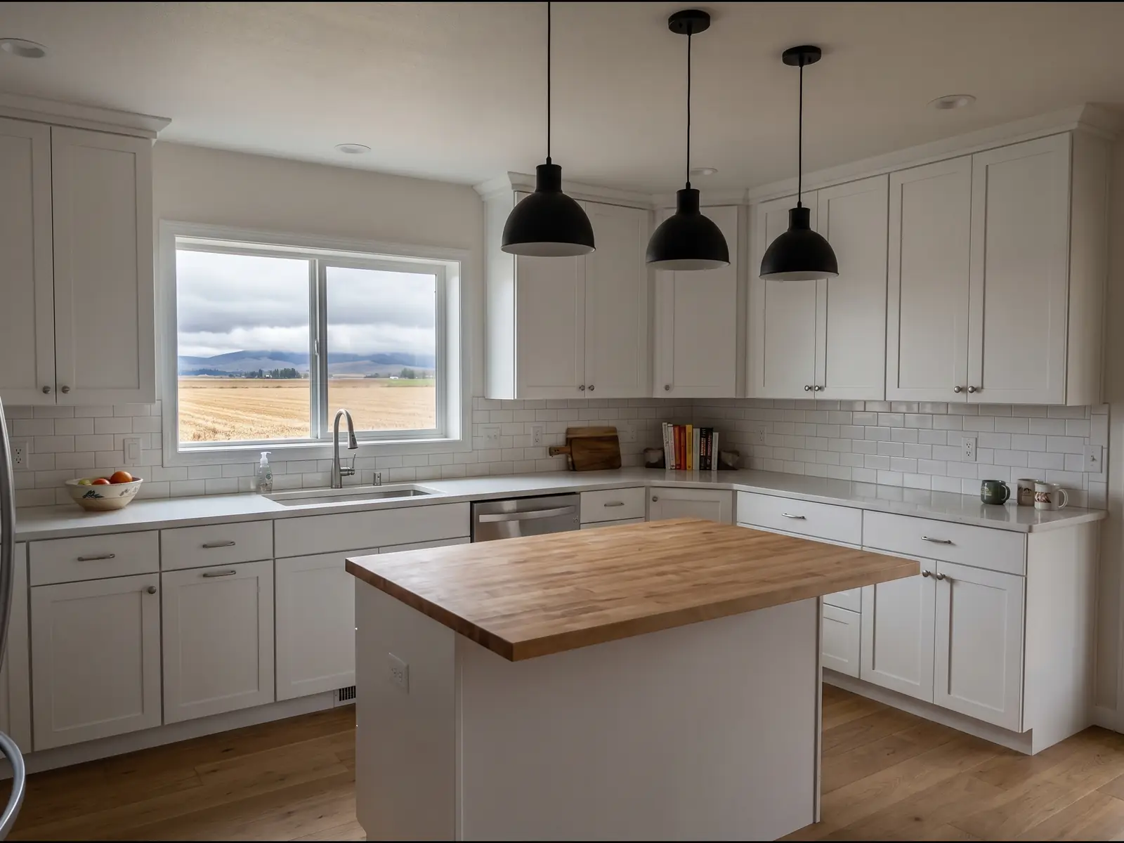 Remodeled kitchen with white shaker cabinets and a butcher-block island