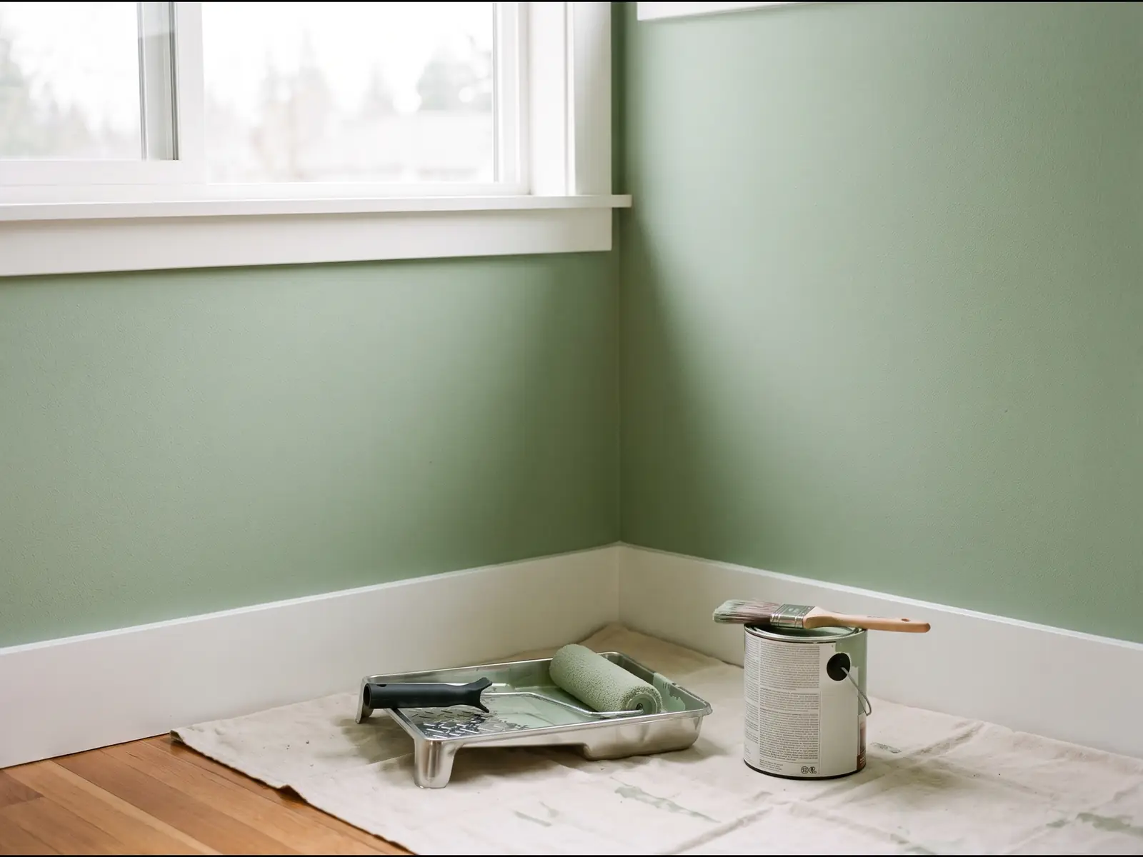 Freshly painted sage green wall with crisp white trim and painting supplies on a drop cloth