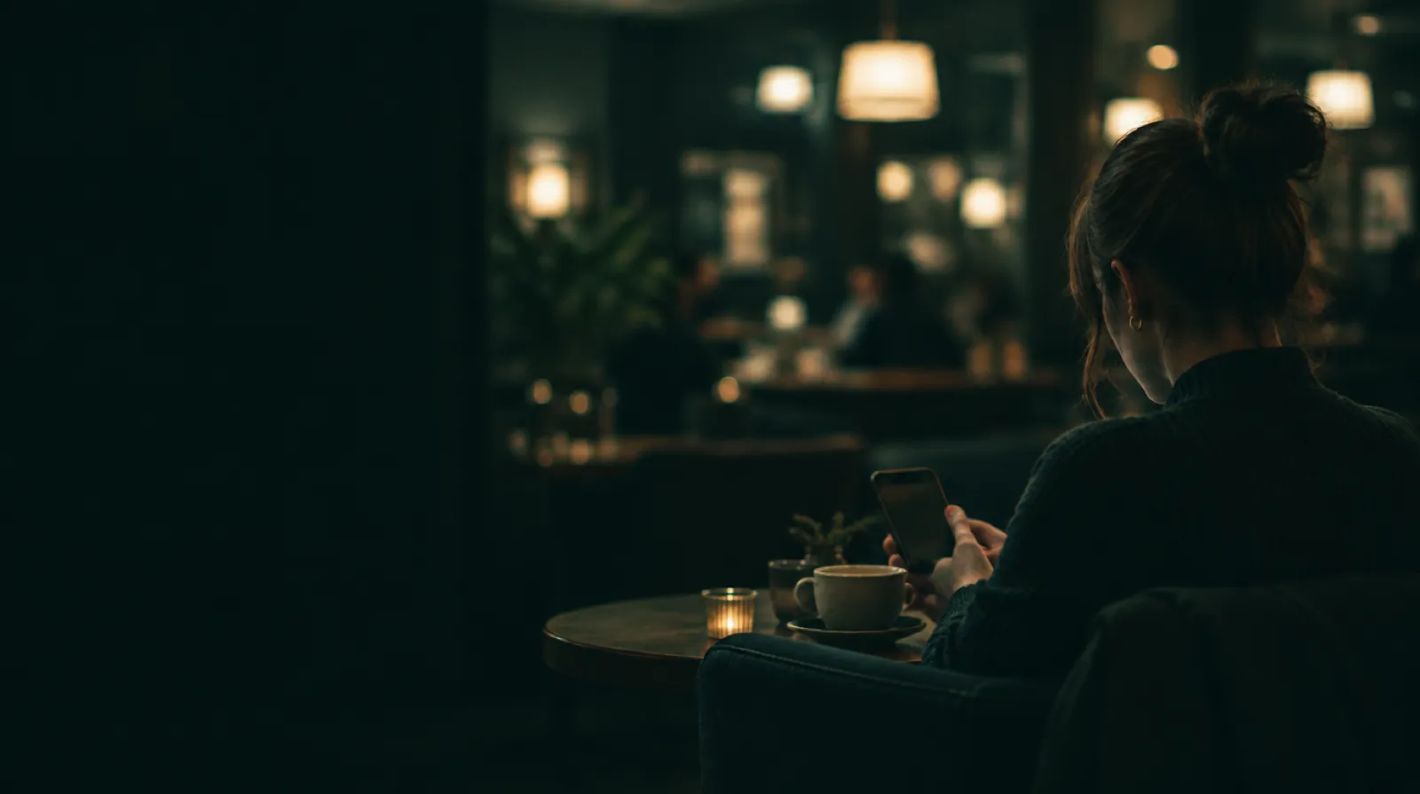 A guest at a venue table checking reviews on their phone, the venue lights soft behind them