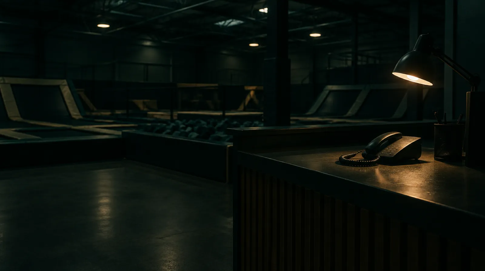 An empty front desk at a leisure venue at night, the phone handset lit