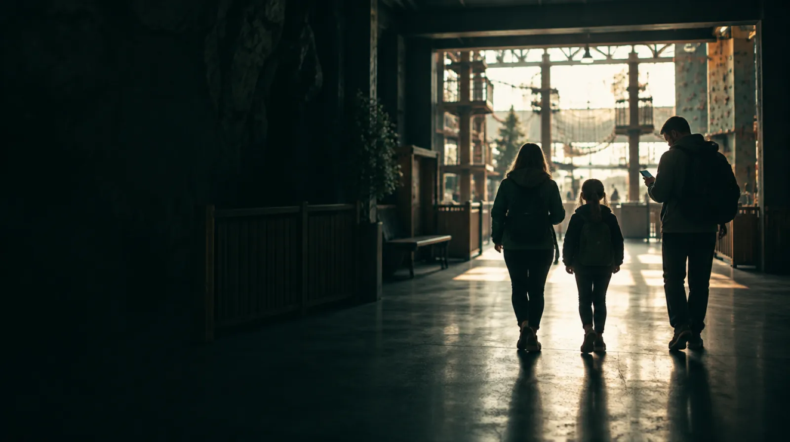 A family arriving at the entrance of an indoor adventure park, a booking confirmation on a phone