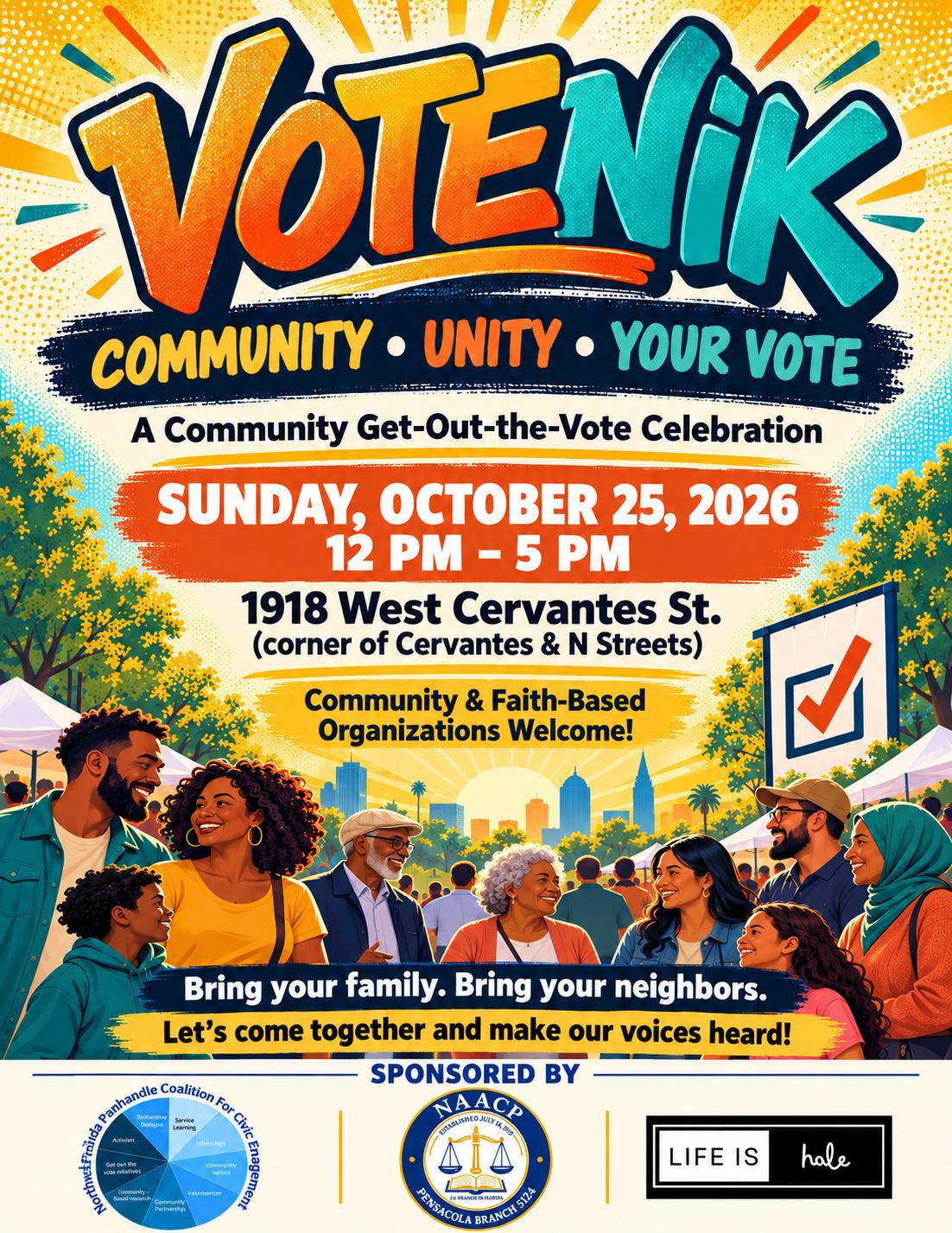 VoteNik Get-Out-the-Vote Celebration flyer - Sunday, October 25, 2026, 12-5 PM, 1918 West Cervantes St.