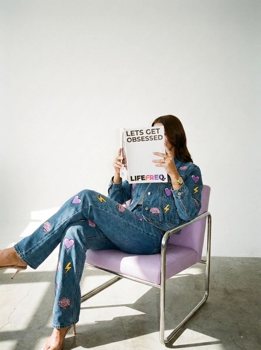 Nikki reading a LIFEFREQ magazine titled Lets Get Obsessed