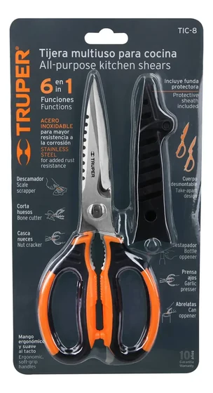 Tijeras de cocina Truper TIC-8 en empaque, con mangos negros y naranjas y funda protectora Tijeras de cocina Truper TIC-8 en empaque, con mangos negros y naranjas y funda protectora