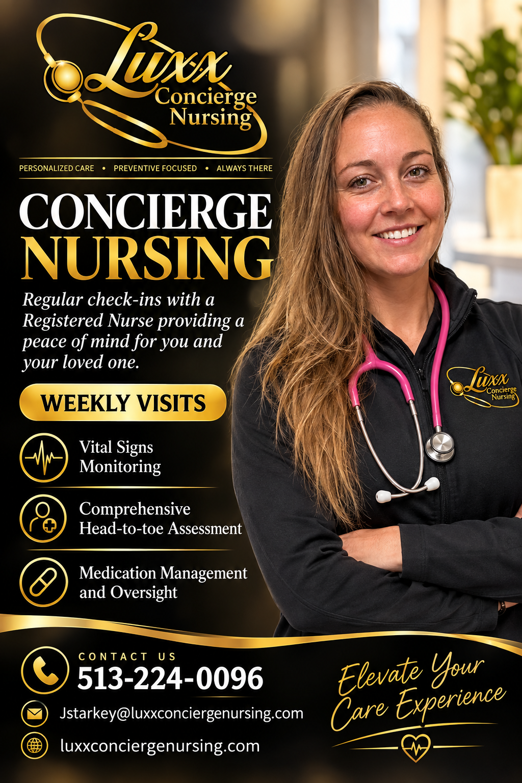 Luxx Concierge Nursing promotional flyer featuring weekly nursing visits and registered nurse Jenna Starkey