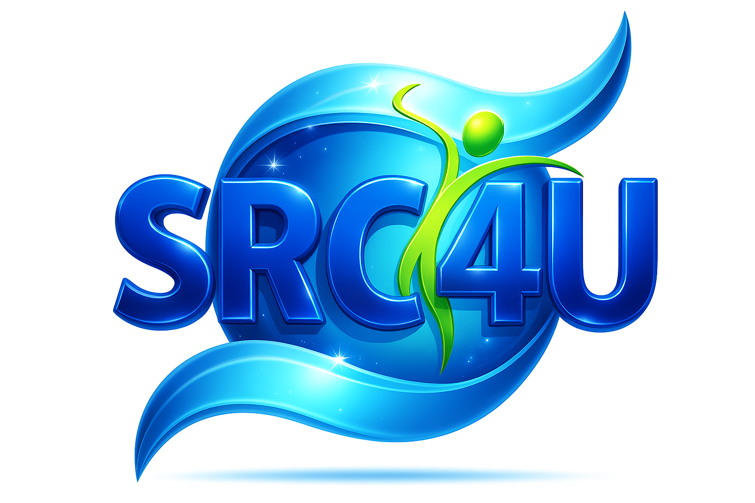 SRC4U logo with blue flowing wave design and green human figure icon, symbolizing wellness, balance, and stress relief support.
