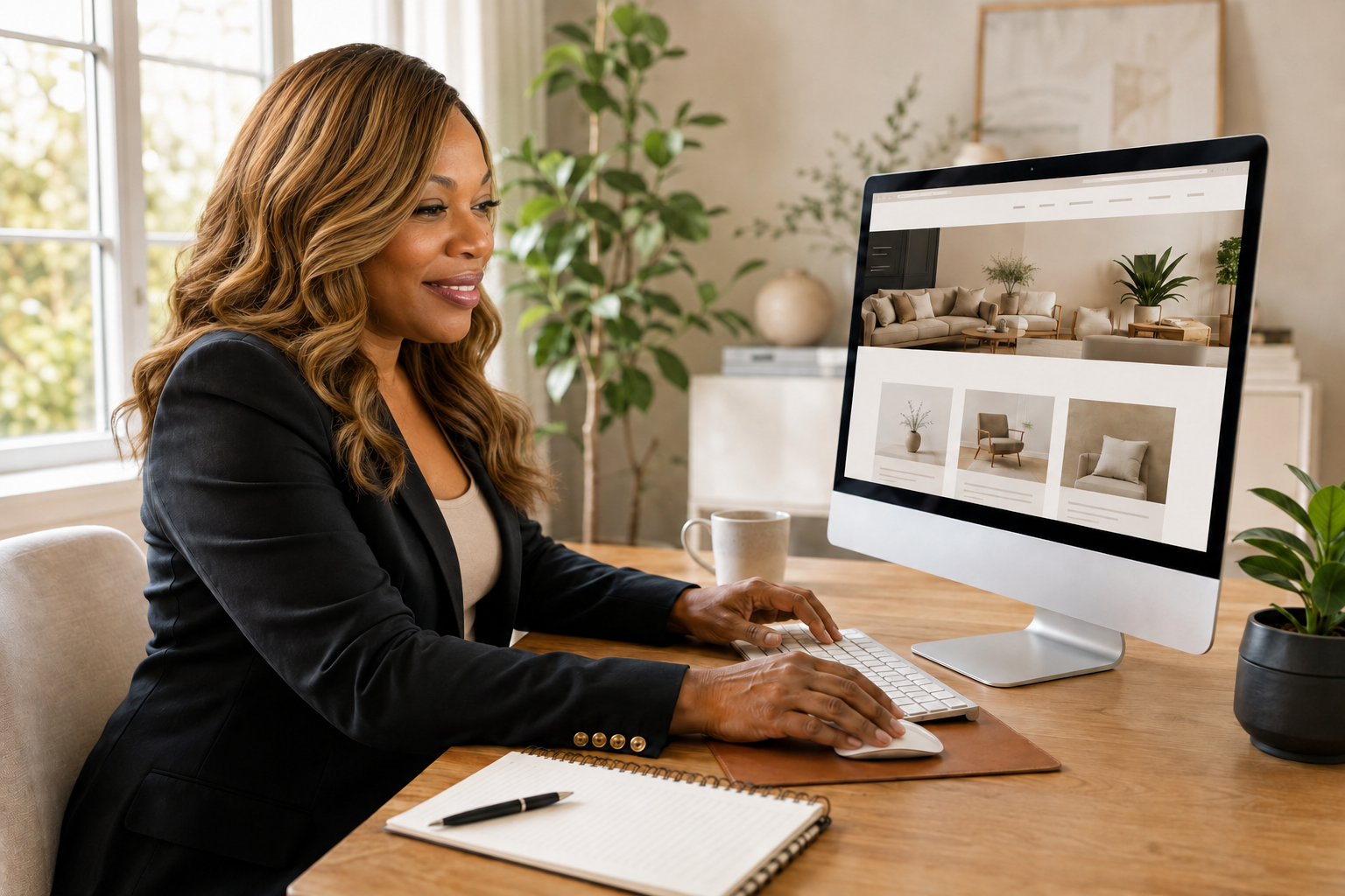 African American woman creating a professional website for a small business from a bright, welcoming workspace