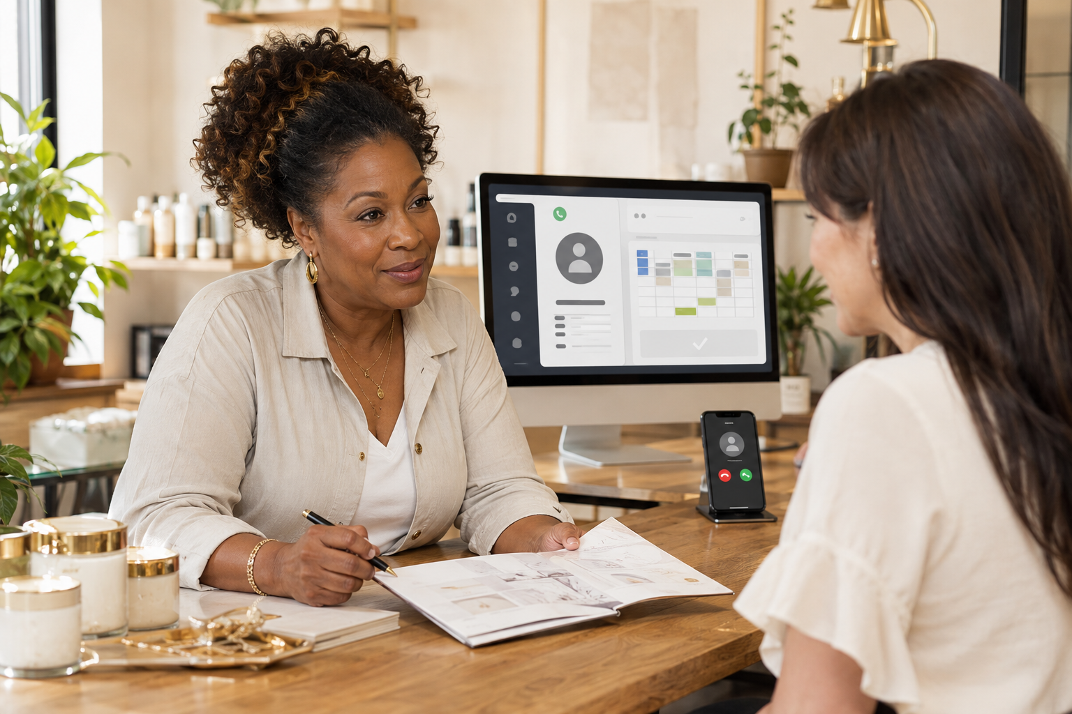 African American small-business owner assists a customer while an AI receptionist manages an incoming call and appointment on a nearby computer