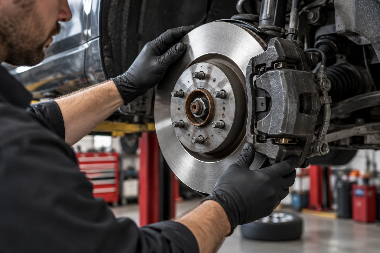 Illustrative brake rotor and caliper inspection