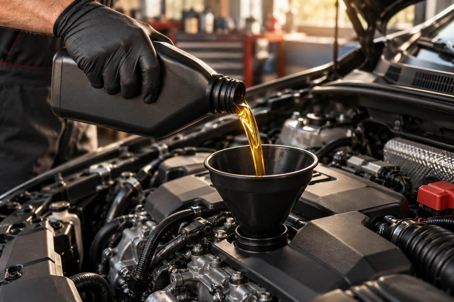 Illustrative close-up of fresh oil being added to an engine