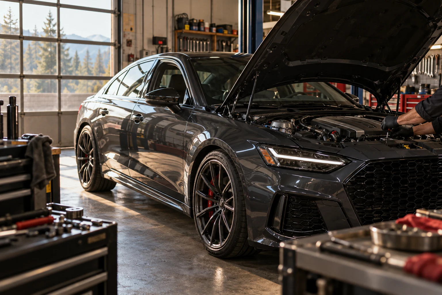 Illustrative photograph of a car being serviced in a workshop