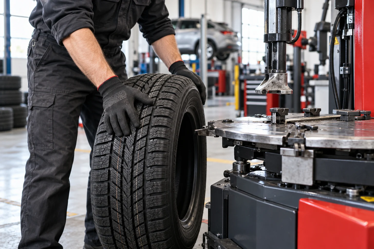 Illustrative mechanic handling a seasonal tire beside a tire machine
