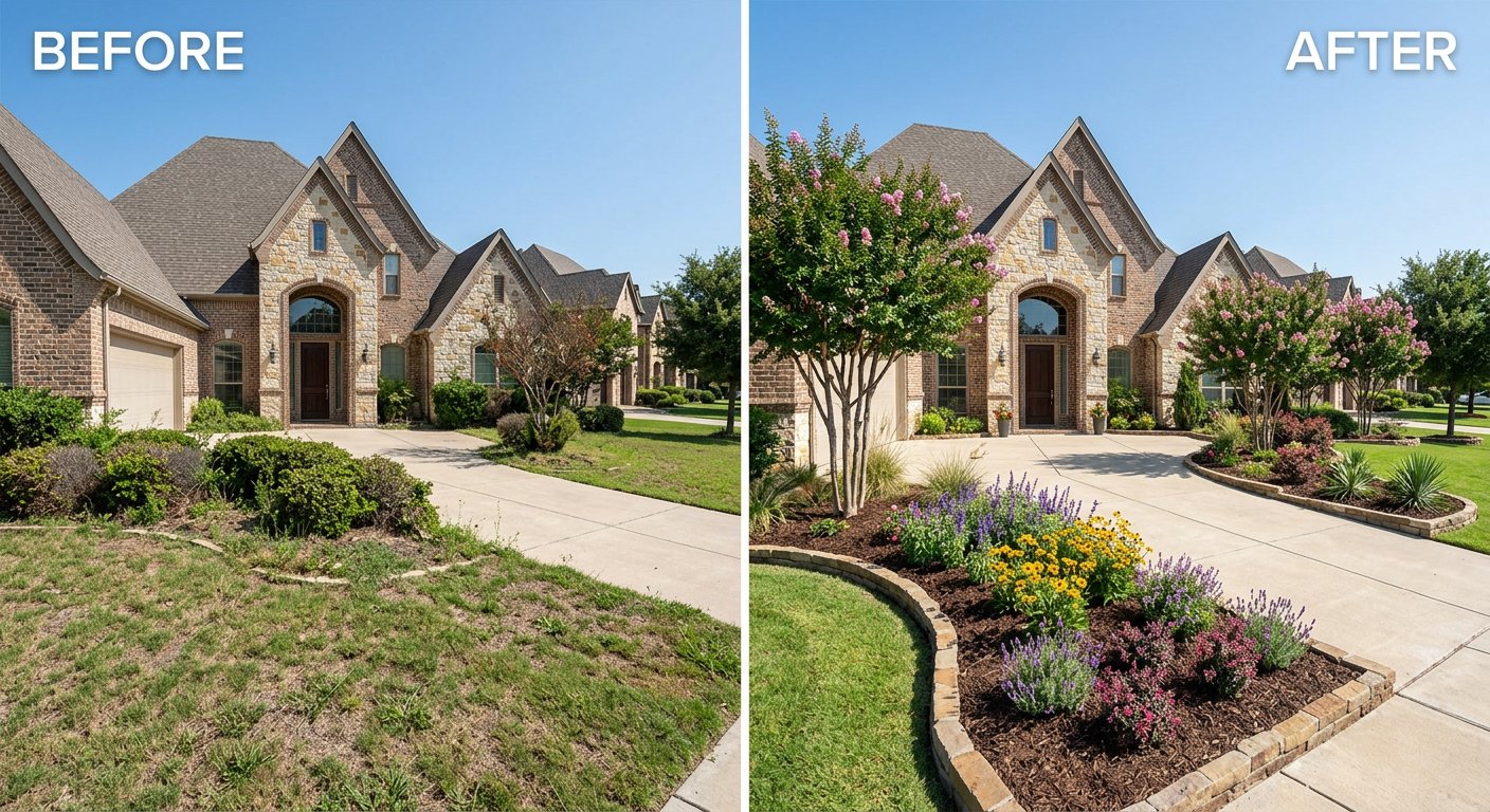 Landscape design transformation — before and after Allen TX