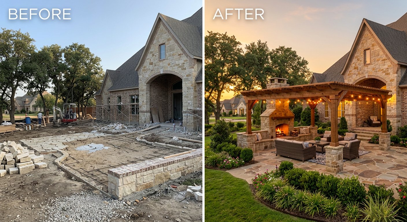 Outdoor living transformation — before and after Frisco TX