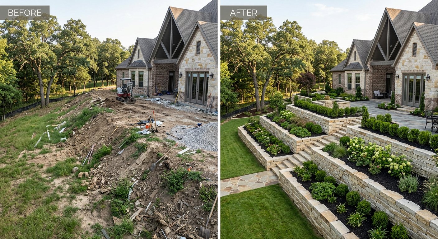 Retaining wall transformation — before and after McKinney TX