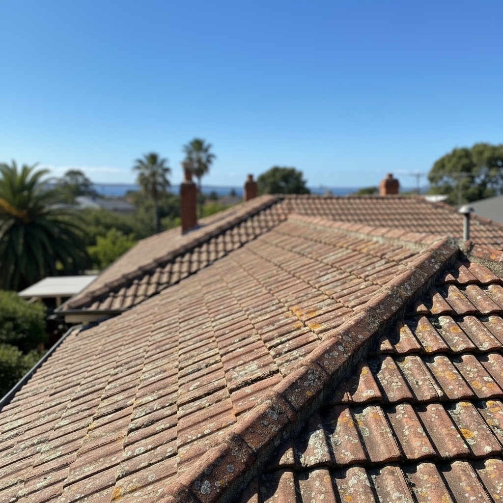Before: Cement tiles Melbourne showing age, lichen growth and fading requiring restoration