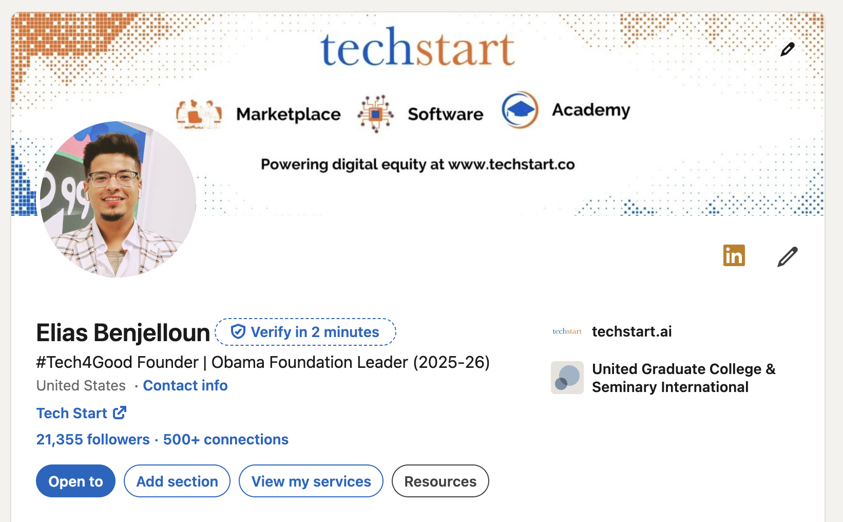 Elias Benjelloun LinkedIn profile showing 21,355 followers and 500+ connections