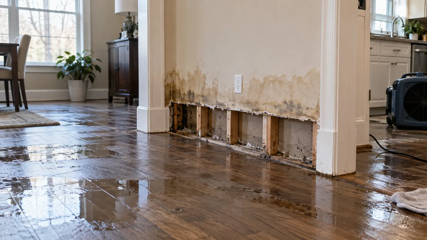Water and flood damage to a residential property — Old Dominion Public Adjusters documents moisture spread and hidden damage for insurance claims in Virginia
